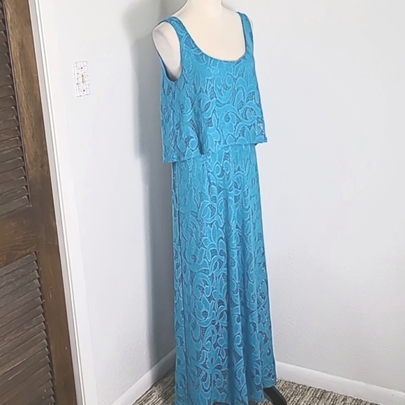 London Times Elegant Turquoise Lace Maxi-Dress, Size 12 - Picture 3 of 12